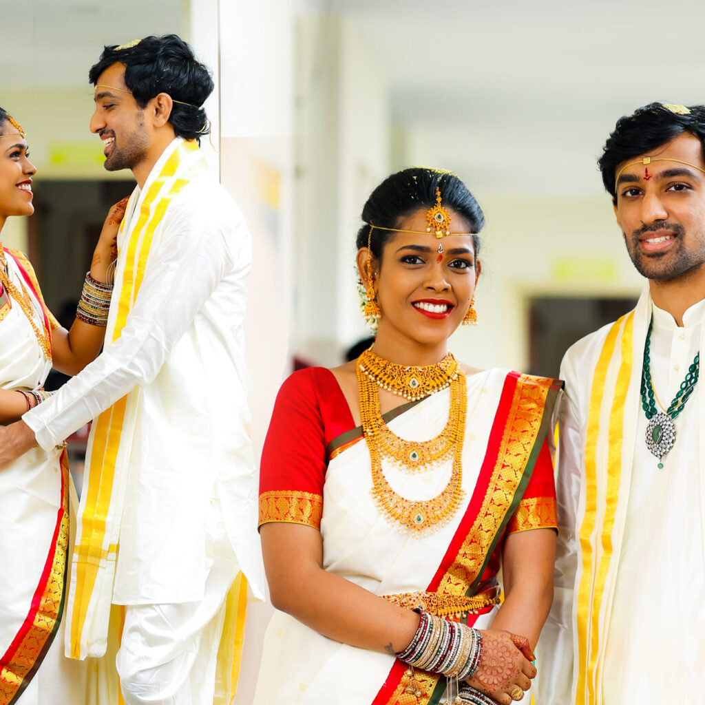 Bride and groom performing wedding rituals at the mandap.