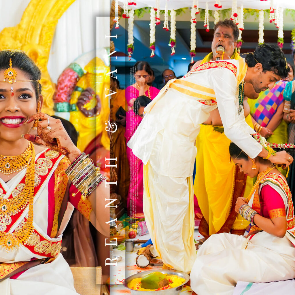 Bride and groom performing wedding rituals at the mandap.