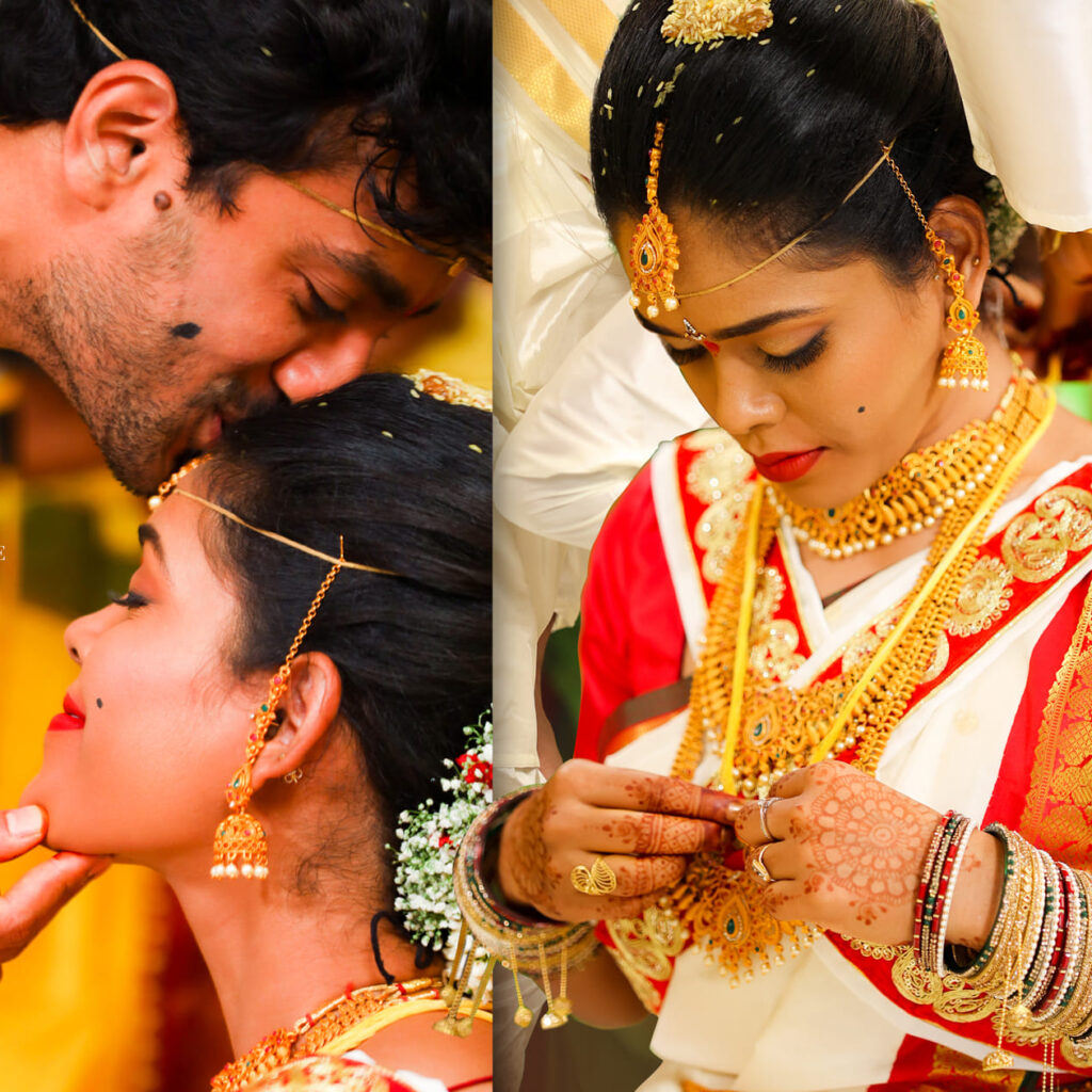 Bride and groom performing wedding rituals at the mandap.