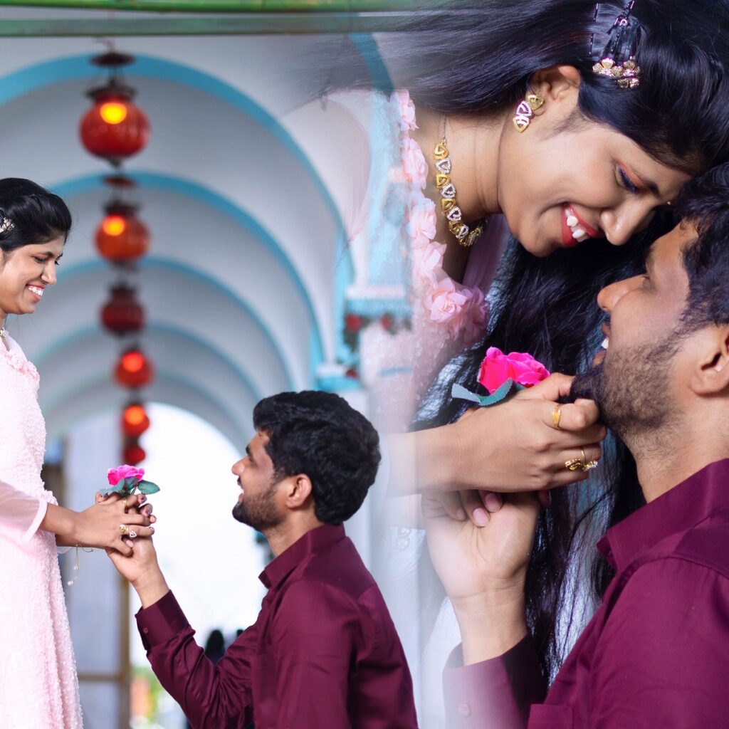 Neeraja and Narender sharing a romantic moment during their pre-wedding photoshoot.
