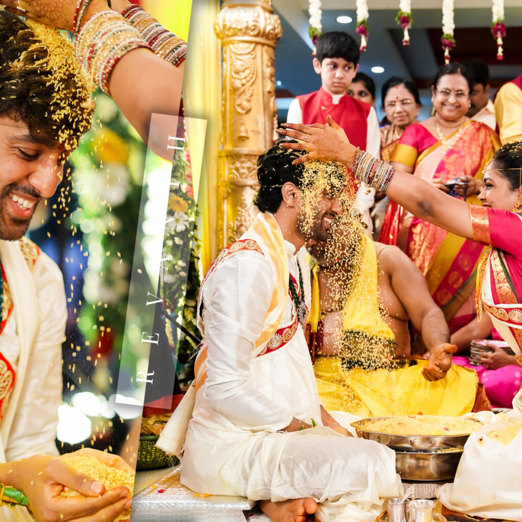 Bride and groom performing wedding rituals at the mandap.