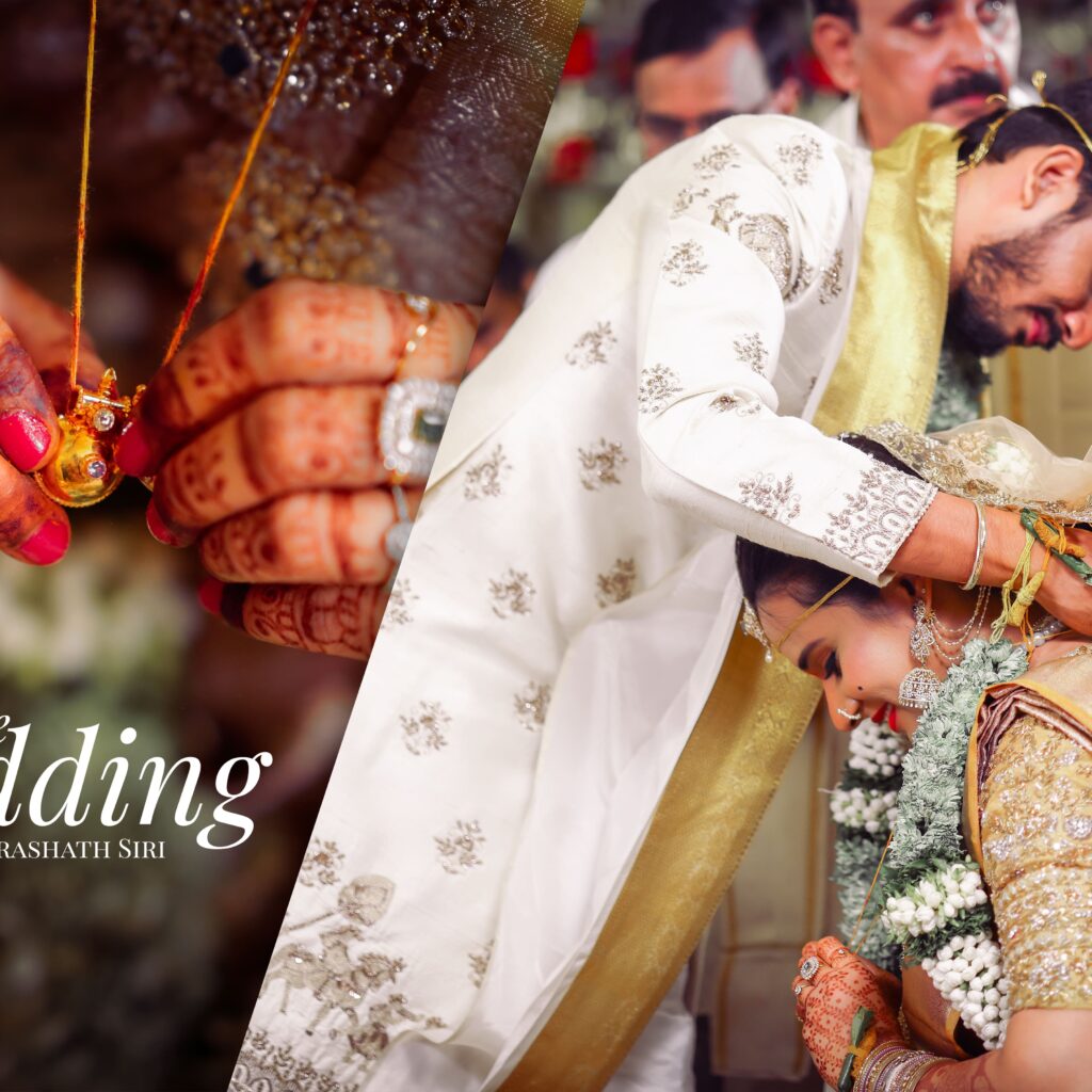 Siri and Prashanth performing sacred wedding rituals, surrounded by family.