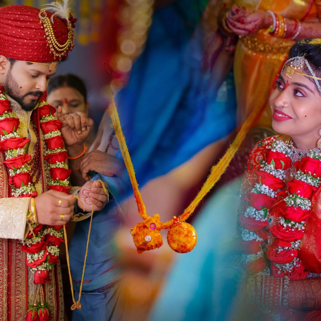 Sahana and Sai Teja performing traditional wedding rituals surrounded by family and joyful celebrations.