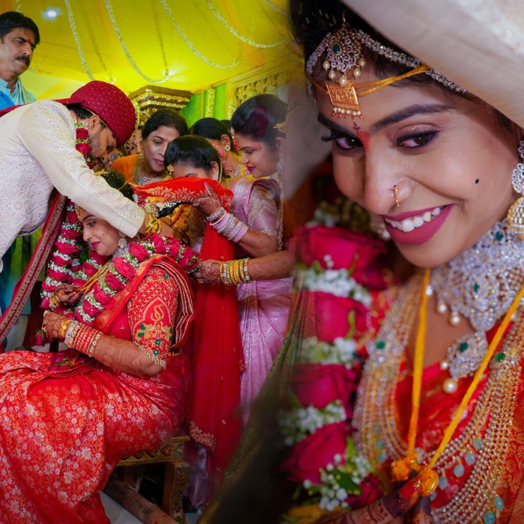 Sahana and Sai Teja performing traditional wedding rituals surrounded by family and joyful celebrations.