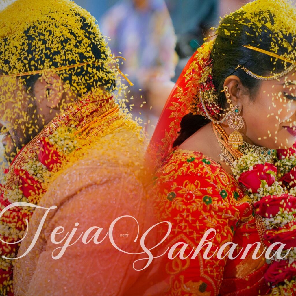 Sahana and Sai Teja performing traditional wedding rituals surrounded by family and joyful celebrations.
