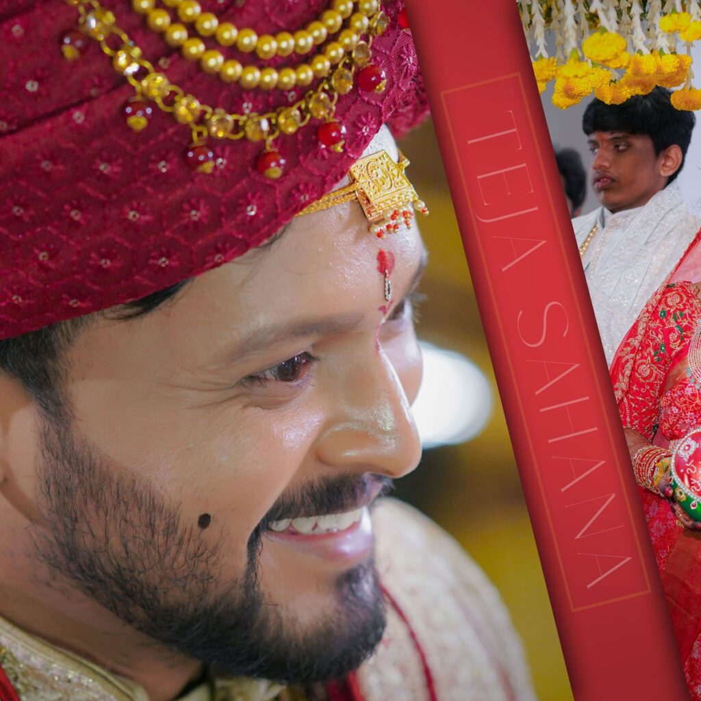 Sahana and Sai Teja performing traditional wedding rituals surrounded by family and joyful celebrations.