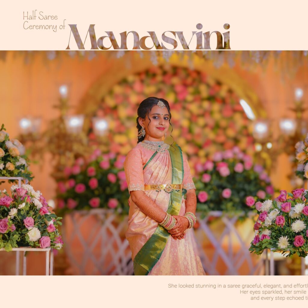 Manasvini smiling in her Half Saree attire during the ceremony