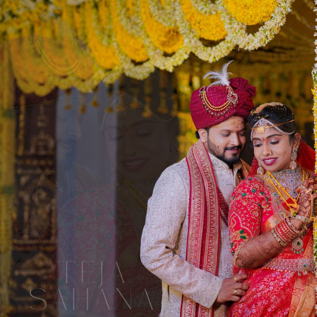 Sahana and Sai Teja performing traditional wedding rituals surrounded by family and joyful celebrations.