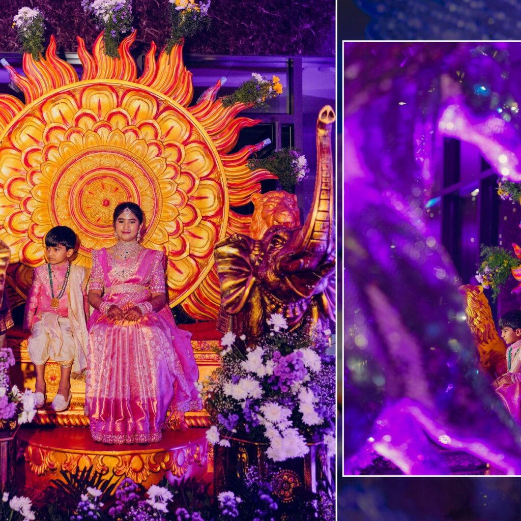 Nidhi and Nihaan making their grand entry on stage during their Half Saree and Dhoti Ceremony.
