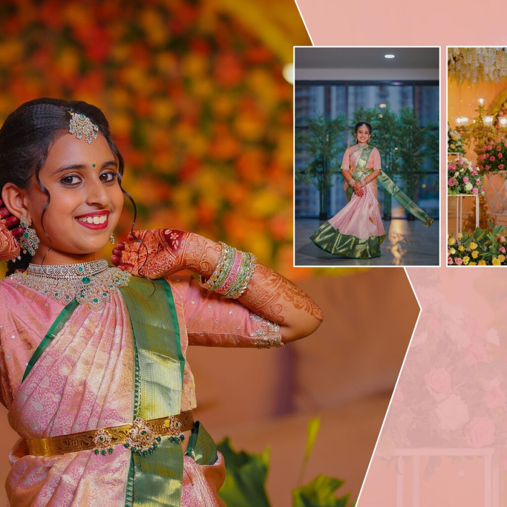 Manasvini smiling in her Half Saree attire during the ceremony