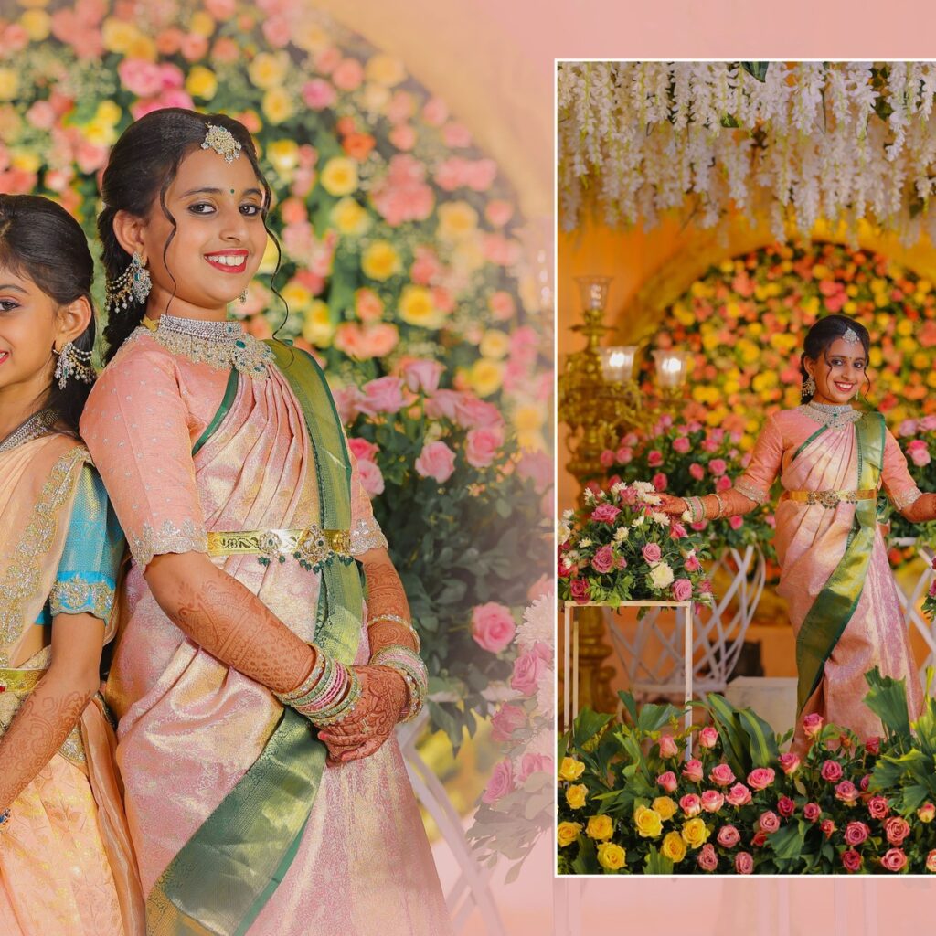 Manasvini smiling in her Half Saree attire during the ceremony