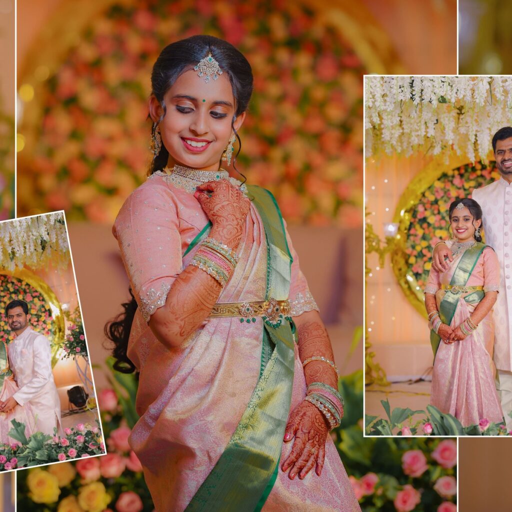 Manasvini smiling in her Half Saree attire during the ceremony