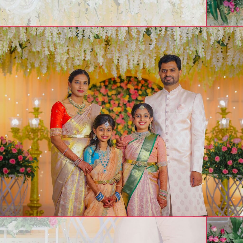 Manasvini smiling in her Half Saree attire during the ceremony
