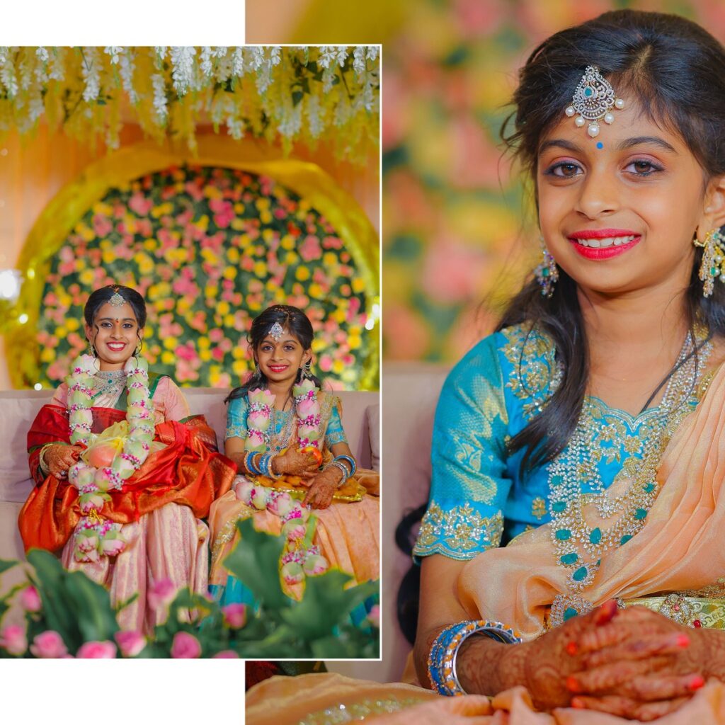 Manasvini smiling in her Half Saree attire during the ceremony