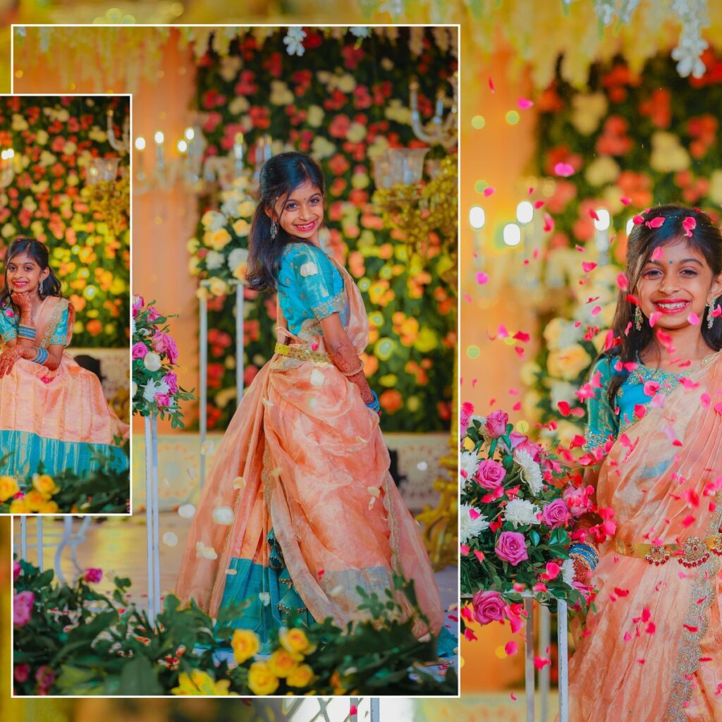 Manasvini smiling in her Half Saree attire during the ceremony
